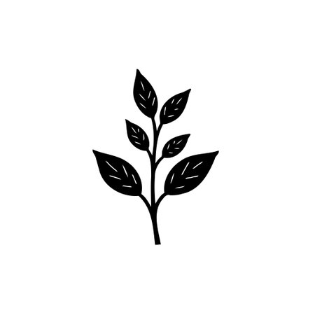 A clean, simple illustration features a stylized branch with leaves. The black and white design conveys nature, growth, and elegant organic simplicity.のイラスト素材