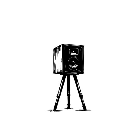 An artistic monochrome illustration showcases a vintage speaker mounted on a tripod, evoking a sense of retro audio technology and musical history.のイラスト素材