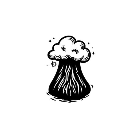 A stylized black and white drawing of a volcanic eruption. The illustration uses bold lines and is accentuated by whimsical stars, creating a unique artistic expression.のイラスト素材