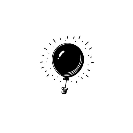 A hand-drawn illustration features a single black balloon surrounded by radiating light lines. Set against a stark white backdrop, it creates a whimsical, minimalist image.のイラスト素材