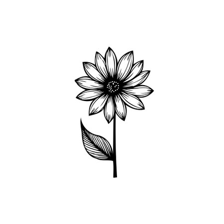 A minimalist monochrome illustration showcasing a single blooming flower. Its delicate petals and graceful leaf create a serene and artistic composition, perfect for conveying nature's understated beauty.のイラスト素材
