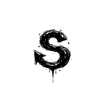 Black grunge style letter S with arrow symbol illustration on a white background. Great for artistic and urban design projects.のイラスト素材