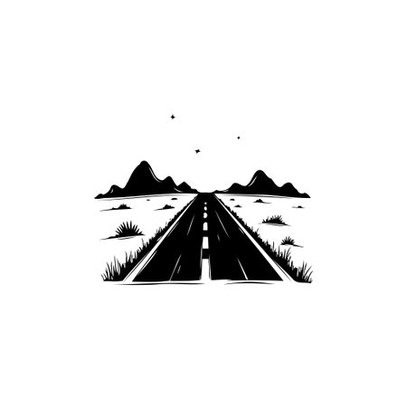 A simple black and white illustration shows a straight road disappearing into the horizon between stark mountains beneath a few sparse stars, evoking a feeling of travel and adventure.のイラスト素材