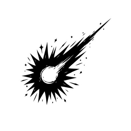 A striking black and white illustration depicts a comet hurtling through space. This stylized drawing features a sphere encircled by sharp burst, followed by a textured tail and accompanied by scattered star shapes.のイラスト素材