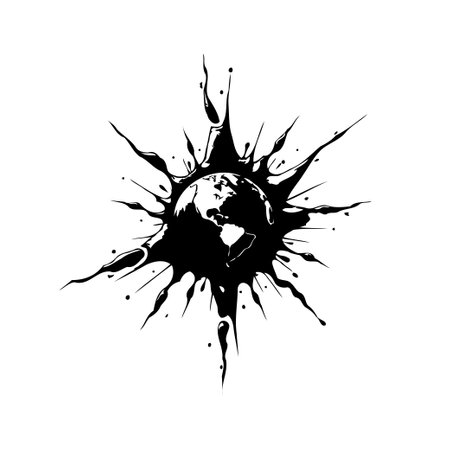 An abstract illustration of planet Earth covered by a dynamic black ink splash or burst, symbolizing transformation or disruption, a world map, graphic design element.のイラスト素材