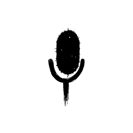 A simple, stylized microphone icon presented in black and white. The design incorporates a distressed texture, giving it a vintage or grunge aesthetic. Ideal for applications related to audio, media, or communication.のイラスト素材