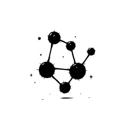 An abstract illustration featuring a molecular network, rendered in a minimalist black and white style. The design evokes themes of science, technology, and interconnectedness.のイラスト素材