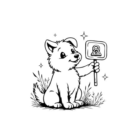 A charming, cartoon puppy holds a safety sign, emphasizing protection. The friendly illustration conveys a message of vigilance and care, making it suitable for pet-related content.のイラスト素材
