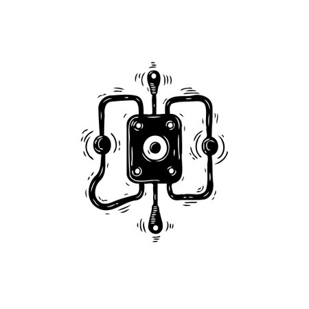An intricate, monochromatic illustration of an abstract technology device featuring detailed wiring and a stylized design. The image evokes a blend of retro and modern aesthetics.のイラスト素材