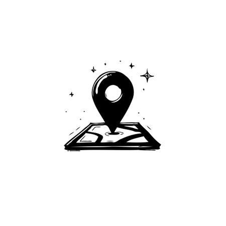 Stylized illustration of a location marker placed on a map, featuring a few background sparkles, representing position, navigation, and the concept of discovering new places.のイラスト素材