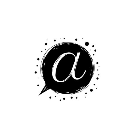 Stylized letter 'a' rendered in elegant calligraphy. Presented inside a black, grunge-textured speech bubble. Graphic element for logos or personalized designs.のイラスト素材