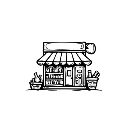 A charming black and white sketch depicts a small shop brimming with various products. The drawing style suggests a lighthearted or cartoonish aesthetic, suitable for illustrative purposes.のイラスト素材