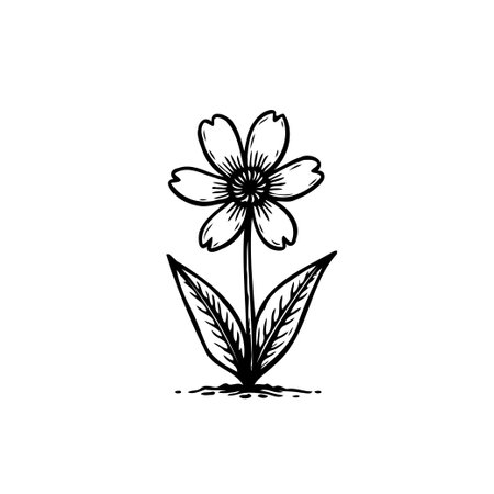 An elegant monochrome floral illustration showcases a delicate bloom with intricate linework and subtle shading. The simple yet artistic design evokes a vintage, botanical feel, perfect for various creative projects.のイラスト素材