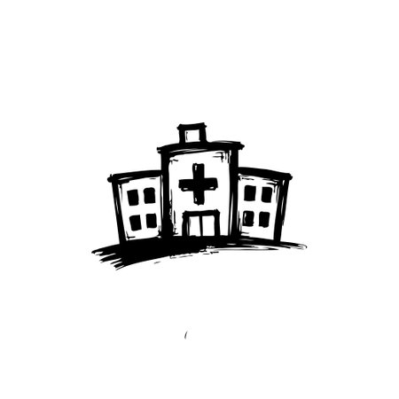 A rudimentary sketch of a hospital building features a prominent medical cross. The simple illustration conveys themes of healthcare and patient assistance.のイラスト素材