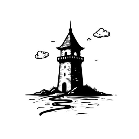 A simplistic black and white illustration portrays a lighthouse standing on a small island, surrounded by calm waters. Clouds drift peacefully in the sky above, evoking a sense of serenity and maritime guidance.のイラスト素材