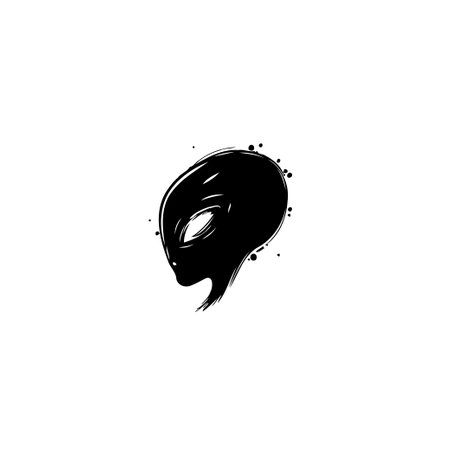 A stylized graphic of an alien head, rendered in a brushstroke style. The black silhouette is set against a white background, creating a minimal and mysterious design.のイラスト素材