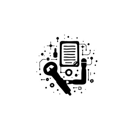 Black and white technological icon depicts artificial intelligence integration and data driven automation in a conceptual schematic illustration design for informational purposes.のイラスト素材