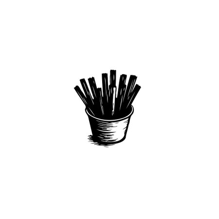 A hand-drawn, monochrome illustration showcases a container filled with appetizing fries. The...