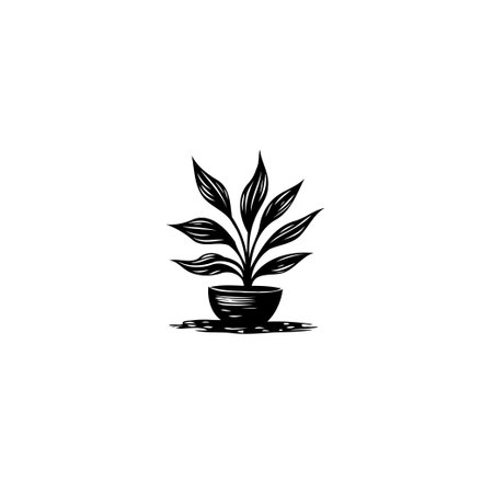 A simple, graphic illustration of a plant in a pot. The design is monochrome and features clean lines, providing a minimalist and sophisticated look.のイラスト素材