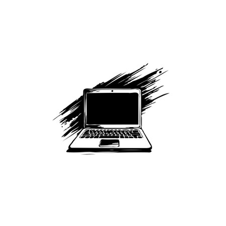 An artistic depiction of a laptop, rendered in black and white with an ink-like style brushstroke background, suggesting a blend of technology and creative expression.のイラスト素材