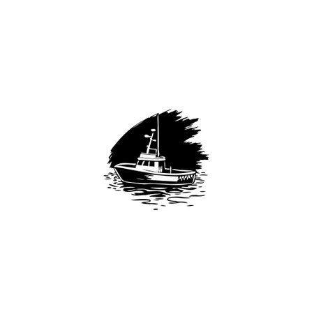 A simple yet compelling monochrome image features a small fishing boat on water, set against a dark background. The artwork captures the essence of maritime life, conveying a sense of adventure and exploration.のイラスト素材