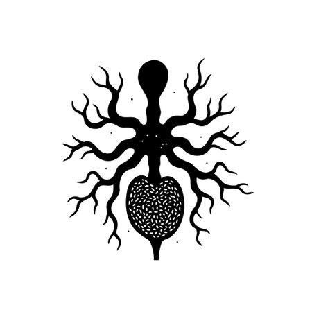 A stark black and white image presents an abstract organic form. It harmoniously blends the symbolism of a heart and branching structures, suggesting growth, essence, and interconnectedness.のイラスト素材
