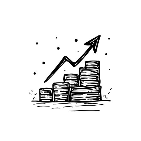 A simple yet effective doodle illustration symbolizing financial growth. Coin stacks ascend alongside an upward arrow, perfect for finance or business.のイラスト素材