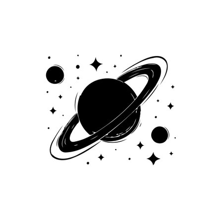 Minimalist art showing a ringed planet surrounded by stars and dots. The planet is presented in dark color with a bright cosmos atmosphere, set against a pure white background.のイラスト素材