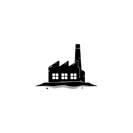 A black and white vector illustration depicts a stylized industrial factory building with a prominent chimney. This clean design showcases a factory with multiple windows, representing production and industrial activity.のイラスト素材