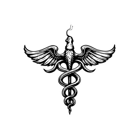 A stylized monochrome emblem featuring an eagle surmounting a serpent wrapped around a staff. The illustration showcases an artistic and vintage aesthetic suitable for medical and mythical themes.のイラスト素材