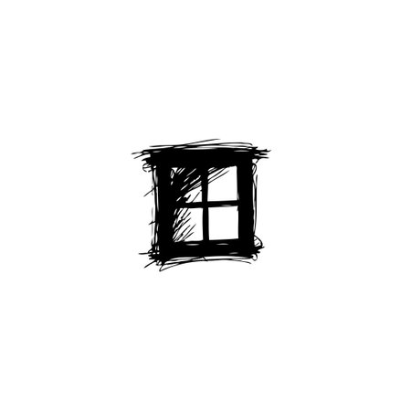 A rudimentary sketch of a window frame in solid black lines stands starkly against a plain white background. The art style embraces raw simplicity, suggesting an openness, reflection, or perspective.のイラスト素材