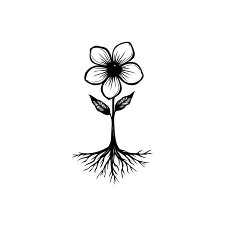 A simple black and white drawing shows a flower connected to roots, symbolizing natural growth and interconnectedness. This image conveys themes of resilience and blossoming from the ground up.のイラスト素材