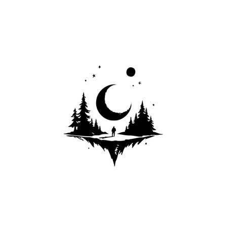 An evocative silhouette landscape featuring a solitary figure beneath a crescent moon and starry sky, mirrored in a dreamlike reflection. A journey into the ethereal realm of nature and imagination.のイラスト素材