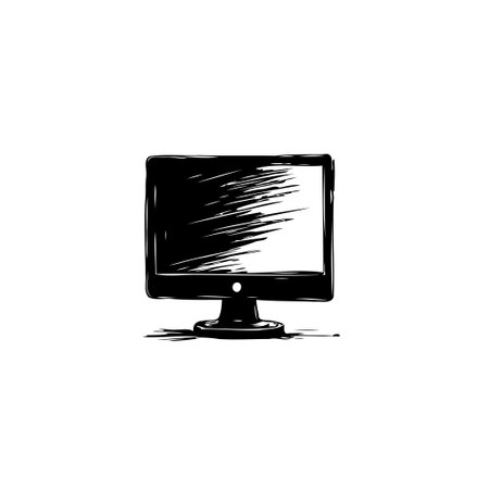 A stylized monochrome sketch depicts a vintage computer display. It features bold outlines and a simple design aesthetic conveying a blend of retro charm and modern artistic expression.のイラスト素材