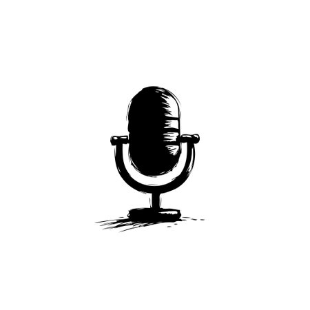 The image showcases a vintage microphone rendered in grayscale, employing a distinct artistic style. It represents an iconic symbol of communication and audio recording.のイラスト素材
