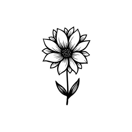 A simple yet elegant monochrome floral illustration. Features a flower with intricate petal detail and a delicate stem, isolated on a white background. Ideal for decorative or artistic projects.のイラスト素材
