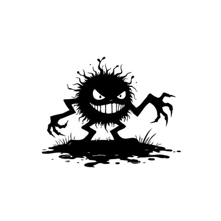 An eerie monster with a striking silhouette, jagged teeth, and spiky aura conveys a sense of whimsical terror. This creature blends Halloween spooky with cartoonish charm.のイラスト素材
