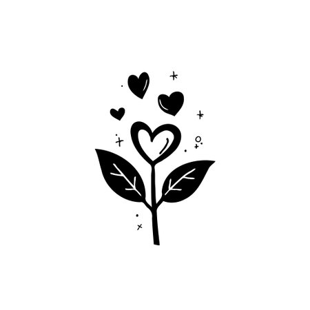 A minimalist black and white illustration presents a heart-shaped sprout, signifying growth, love, and new beginnings. This stylized icon embodies purity and tender affection.のイラスト素材
