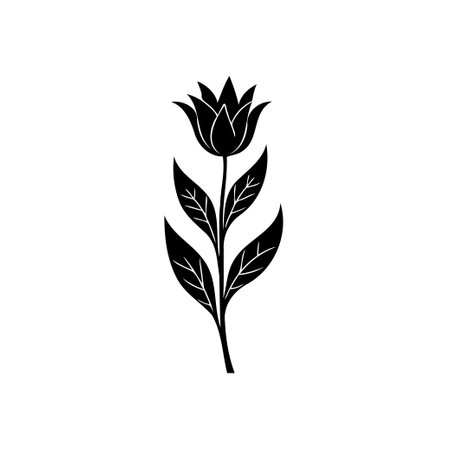 This striking monochrome illustration showcases a stylized flower with elegant foliage. The clean lines and contrasting black and white create a timeless, botanical design suitable for various creative projects.のイラスト素材