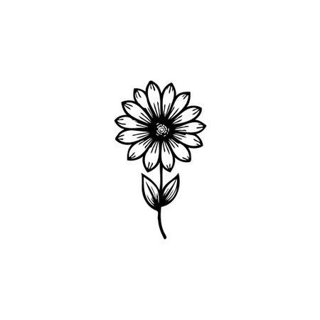 A minimalist floral illustration of a daisy, rendered in a clean black and white outline. Perfect for adding a touch of botanical elegance to any design project.のイラスト素材