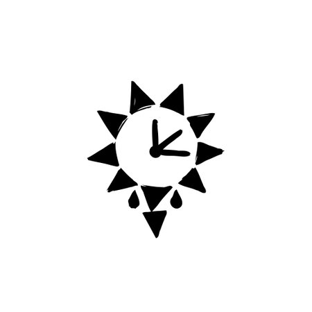 A symbolic representation of time, depicted as a clock face with radiant triangular flares. Hand-drawn style gives a vintage, slightly whimsical effect.のイラスト素材