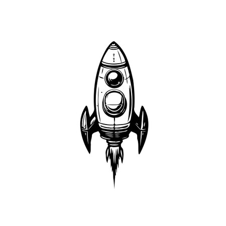A meticulously crafted sketch of a vintage rocket ship, presented in a striking monochrome palette. This image evokes themes of space exploration, innovative technology, and boundless human potential.のイラスト素材