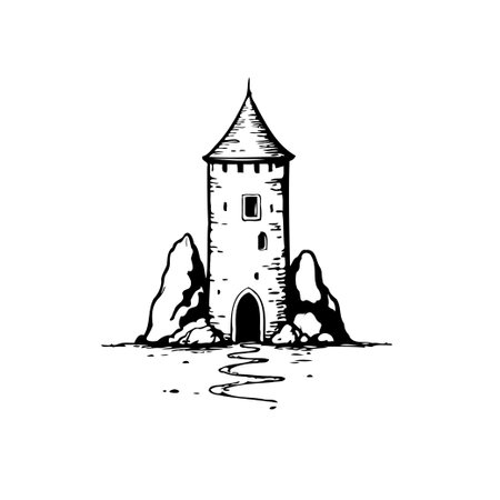 Detailed monochrome sketch of an old fortress tower flanked by jagged rocks, suggesting a historical or mythical place, perfect for fantasy themes or architectural representations.のイラスト素材