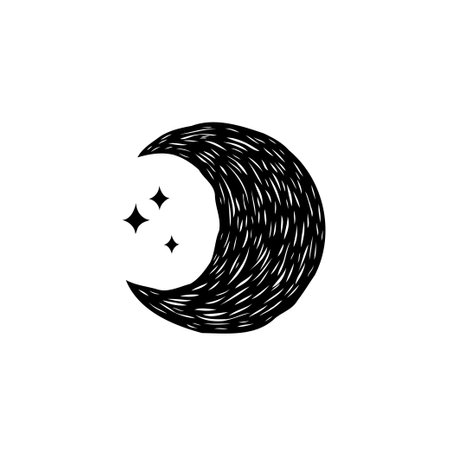 A monochrome depiction shows a textured crescent moon accompanied by small stars. The image suggests a cosmic or celestial theme with an artistic touch.のイラスト素材