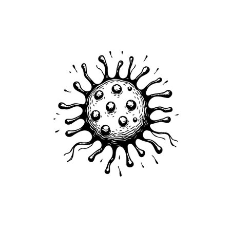 An isolated black and white illustration shows a stylized microscopic organism. It features a spiked membrane and distinctive surface nodules, representing disease or pathogenic elements.のイラスト素材
