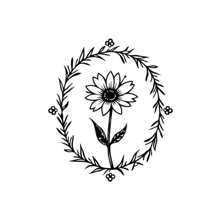 Elegant botanical illustration featuring a daisy within a wreath. The monochrome design offers a blend of natural beauty and simple elegance. Perfect for various artistic projects.のイラスト素材