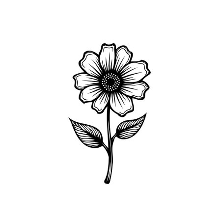 An elegant monochrome botanical illustration featuring a delicate flower with detailed petals and leaves. Ideal for design projects needing a touch of refined simplicity and natural beauty.のイラスト素材