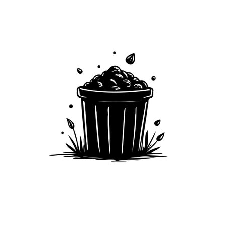 Simple monochrome drawing of a flowerpot abundantly filled with rich soil, surrounded by sprouting grass, embodying the essence of gardening and growth.のイラスト素材