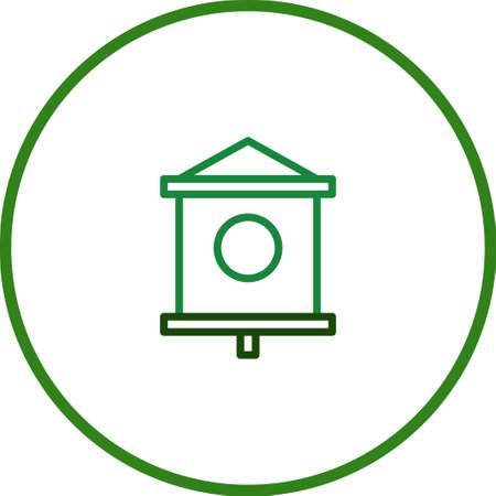 A simple, green-outlined icon of a birdhouse is set inside a circle. It conveys ideas of nature, home, and avian shelter, in a minimalistic design.のイラスト素材
