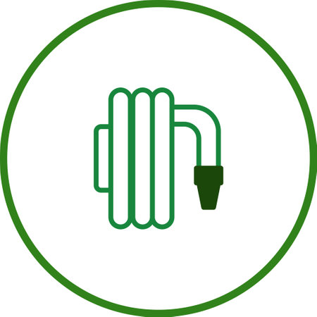 A simple green garden hose icon depicting coiled equipment for watering and irrigation in gardens and farmlands. Perfect for agricultural and modern designs.のイラスト素材